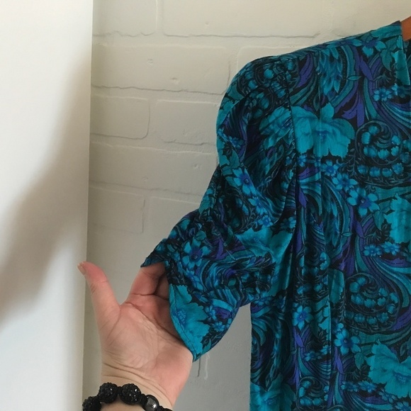 Vintage Mini Dress Sweetheart neck Cobalt Blue/turquoise Paisley Floral print M - Picture 6 of 8